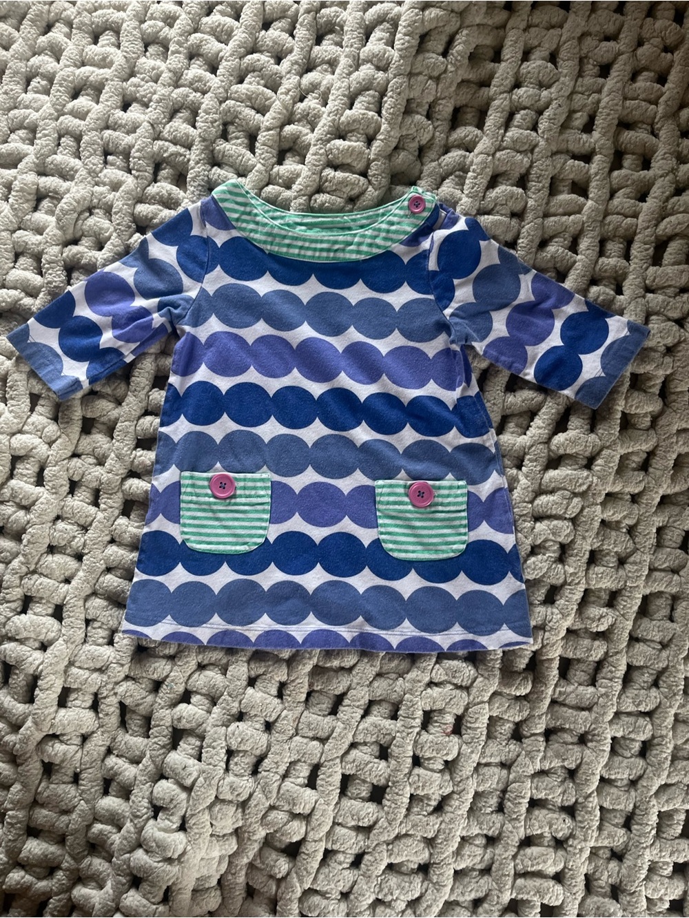 Mini Boden Baby Blue & Green Printed  dress with Pink Buttons